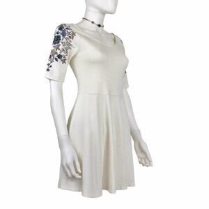 Free People Mini Dress Embroidered Floral Short Sleeve Ivory & Blue